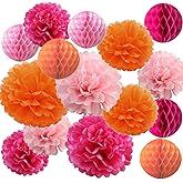 15PCS Hot Pink Orange Party Decorations Tissue Paper Flowers Pom Poms Honeycomb for Girl Groovy Birthday Baby Shower Wedding Bachelorette Summer Flamingo Party Nursery Wall Hanging Décor