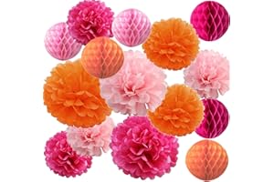 ALLHEARTDESIRES 15PCS Hot Pink Orange Party Decorations Tissue Paper Flowers Pom Poms Honeycomb for Girl Groovy Birthday Baby Shower Wedding Bachelorette Summer Flamingo Party Nursery Wall Hanging Décor