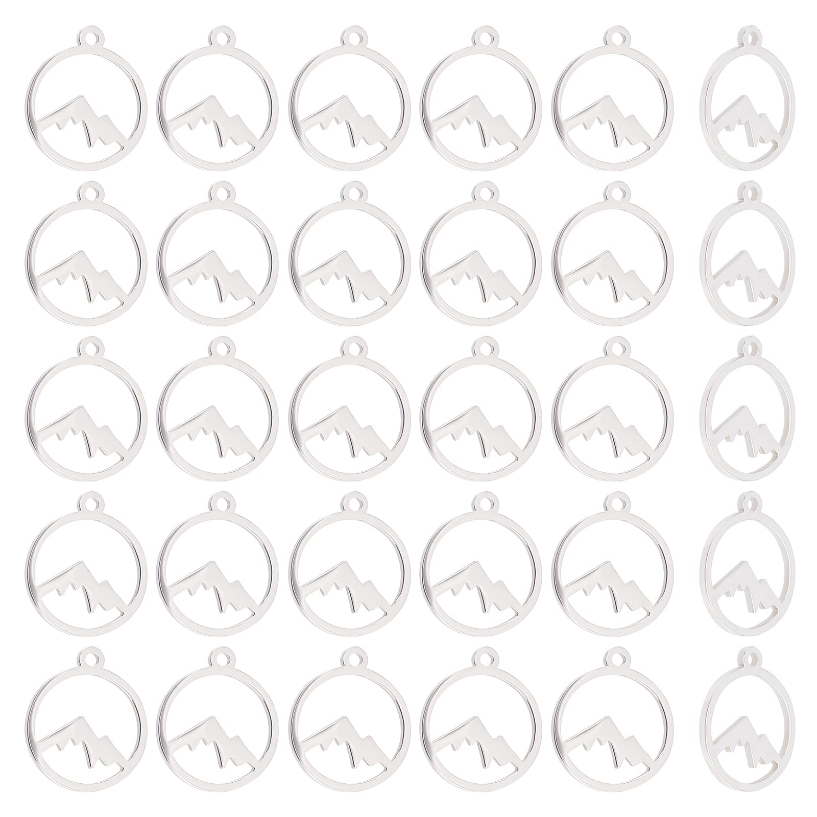 UNICRAFTALE about 30Pcs Flat Round with Mountain Charms Stainless Steel Dangle Pendant Hollow Hypoallergenic Metal Pendant With 1.2mm Loop for Necklace Bracelet Jewelry Making 14mm