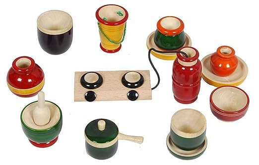 Crafts India Eco-Friendly Wooden Toy Kitchen Set (Multicolored) - Premium Finish 15pcs