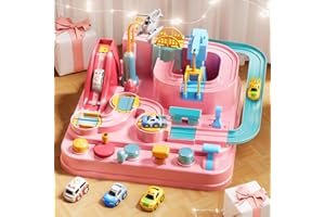 KIZONLY Car Race Track for Kids Ages 4-8, Kids Car Toys for 3 Year Old Boys, Race Track for Toddlers 3-5, City Set with 3 Small Cars and Helicopter, Educational Birthday Gifts (Pink)