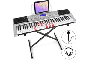 MUSTAR 61 Key Piano Keyboard, MEKS-400 Electric Piano Keyboard with Lighted Up Keys, Learning Keyboards Piano for Beginners, Piano Stand, LCD Screen, Headphones, Microphone