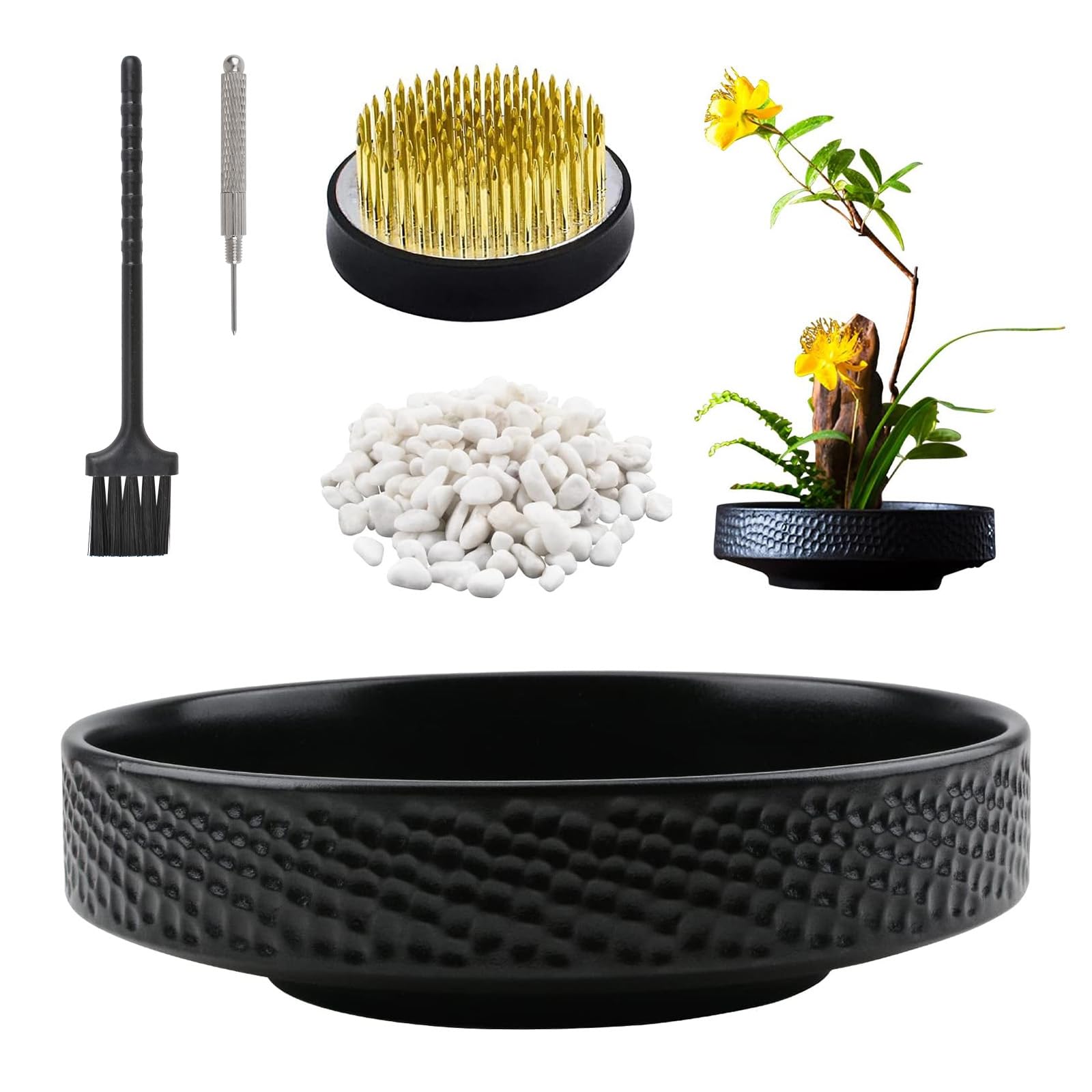 WANDIC Flower Arranging Supplies, Round Flower Frog & Ceramic Flower Pot Hammer-Pattern Black Flower Arrangement Pot for Ikebana Floral Art Home Office Decoration Indoor Outdoor