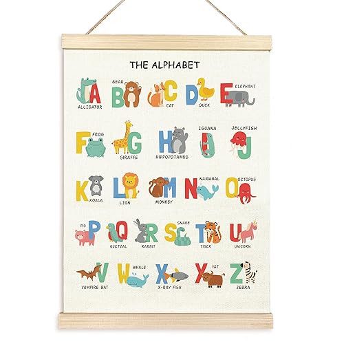 TAEDIN Alphabet Poster Hanger Frame, Nursery Wall Decor, ABC Banner Poster Animals Wooden Canvas Artwork Print Hanging Sign for Nursery Preschool Playroom Toddler Kids Room Decor 12X16