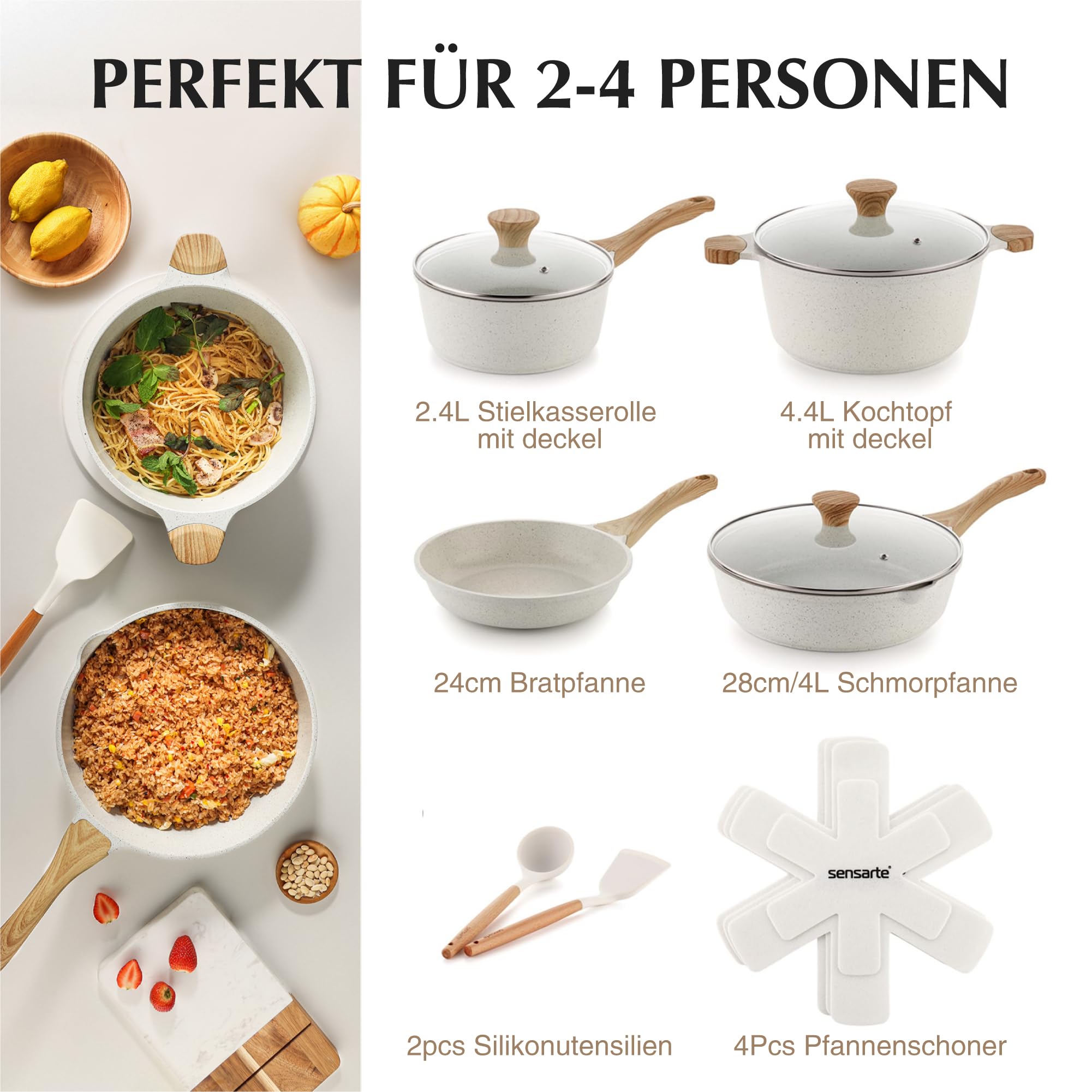 SENSARTE Pfannenset, 13-Teilig Weiß Pfannenset, Gesundes Topf Pfannen Set, Antihaft-Kochgeschirrset aus Keramik mit hitzebeständigen Griffen, Induktionsherde, Cerankochfelder und Elektroherde. 2