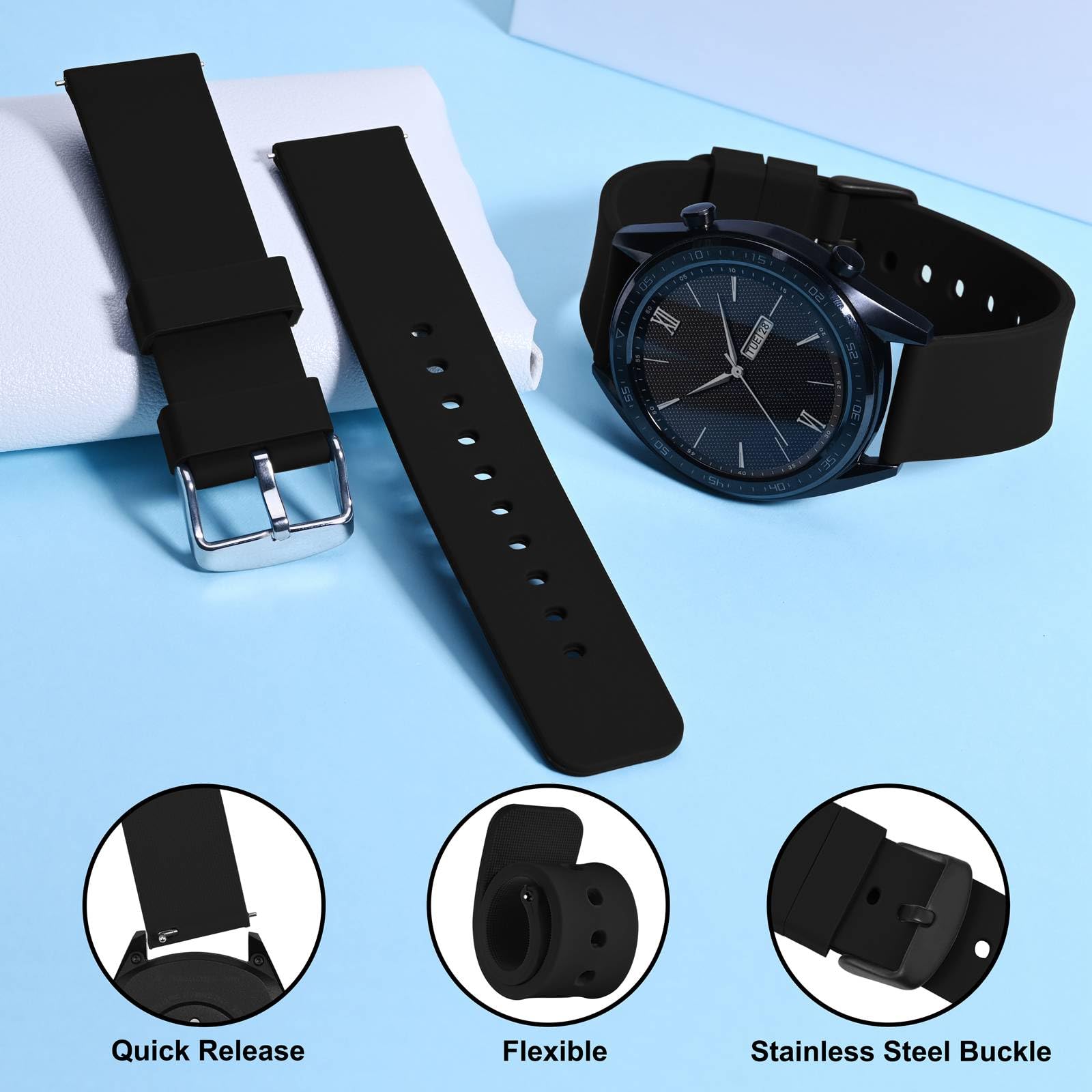 WOCCI 24mm Silicone Watch Band, Quick Release Rubber Replacement Strap with Black Stainless Steel Buckle (Black)