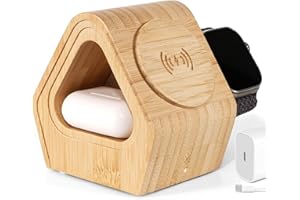 Bamboo Wireless Charging Station for Apple: 3-in-1 Charger Stand with Cabin Style for iPhone 16 15 14 13 12 Series, Apple Wat