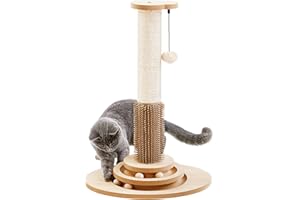 MADE 4 PETS Made4Pets Cat Scratching Post, 23" Tall Sisal Cat Scratcher Post with Self Groomer, 4-in-1 Interactive Trackball Toys with Hair Brush, Vertical Cat Climbing Tree with Dangling Plush Balls