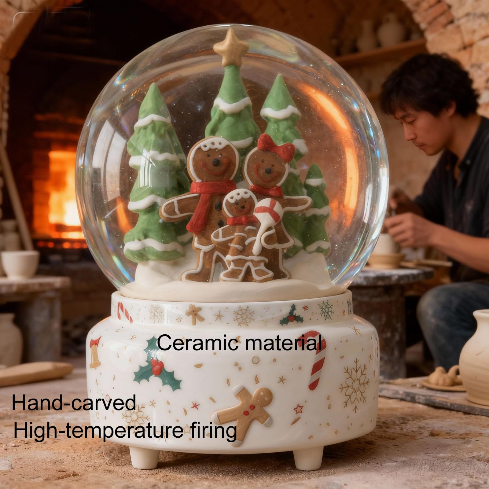 GIYBIGM 6.5Inch Height Christmas Snow Globe with Gingerbread Man House on Ceramic Base LED Light Musical Snowflakes Holiday Decoration, Holiday Home Decor, Large Water Globe.