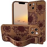 NITITOP Compatible with iPhone 14 Plus Case Cute Floral Sunflower for Women Girls with Wrist Adjustable Hand Strap Kickstand Grip Holder Soft TPU Slim Protection Phone Cover - Brown
