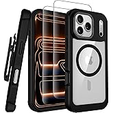 Stroson Magnetic for iPhone 17 Pro Max Case,Compatible with MagSafe Never Yellowing,Rugged Protective Cover with Belt Clip Holster & Screen Protector x2,Clear Phone Case for iPhone 17 Pro Max (Black)