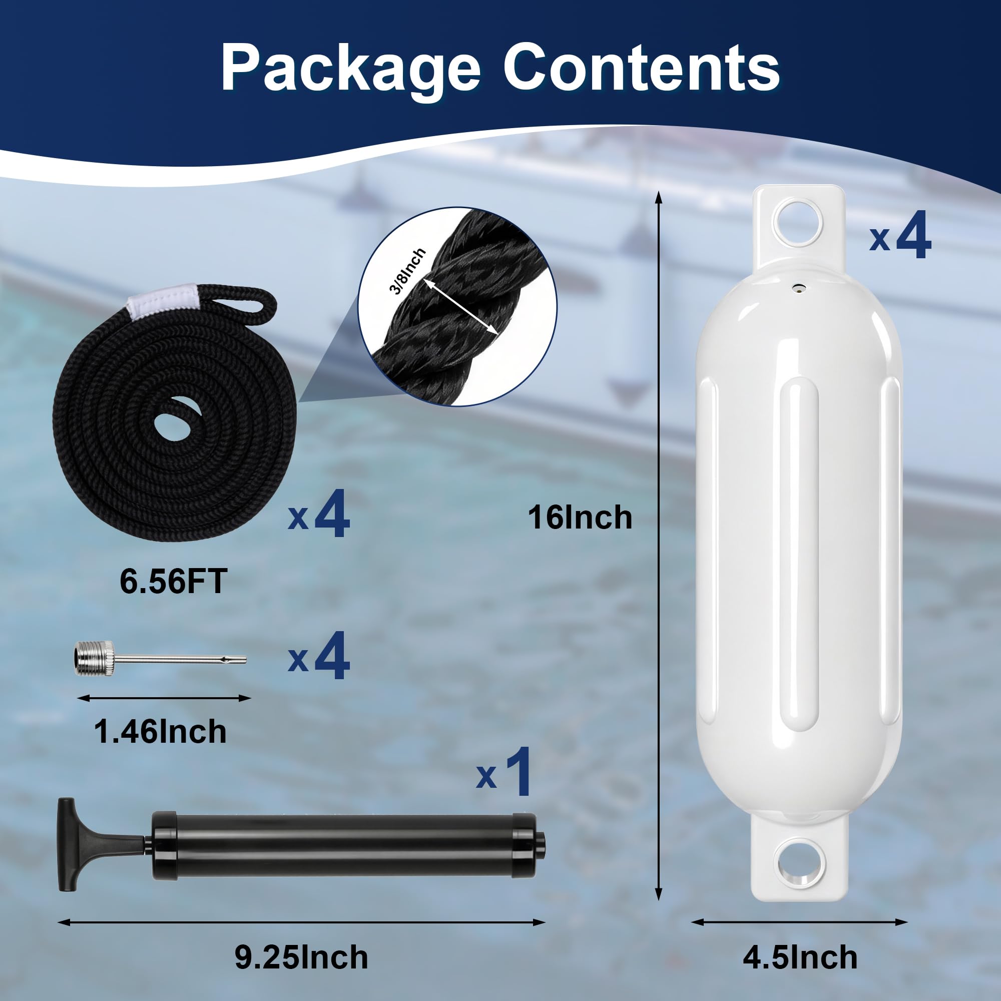Condition photo showing New/Like New for boat bumpers - 4 pack 6.5" x 23" boat fenders for docking with 4 ropes and air pump, inflatable ribb