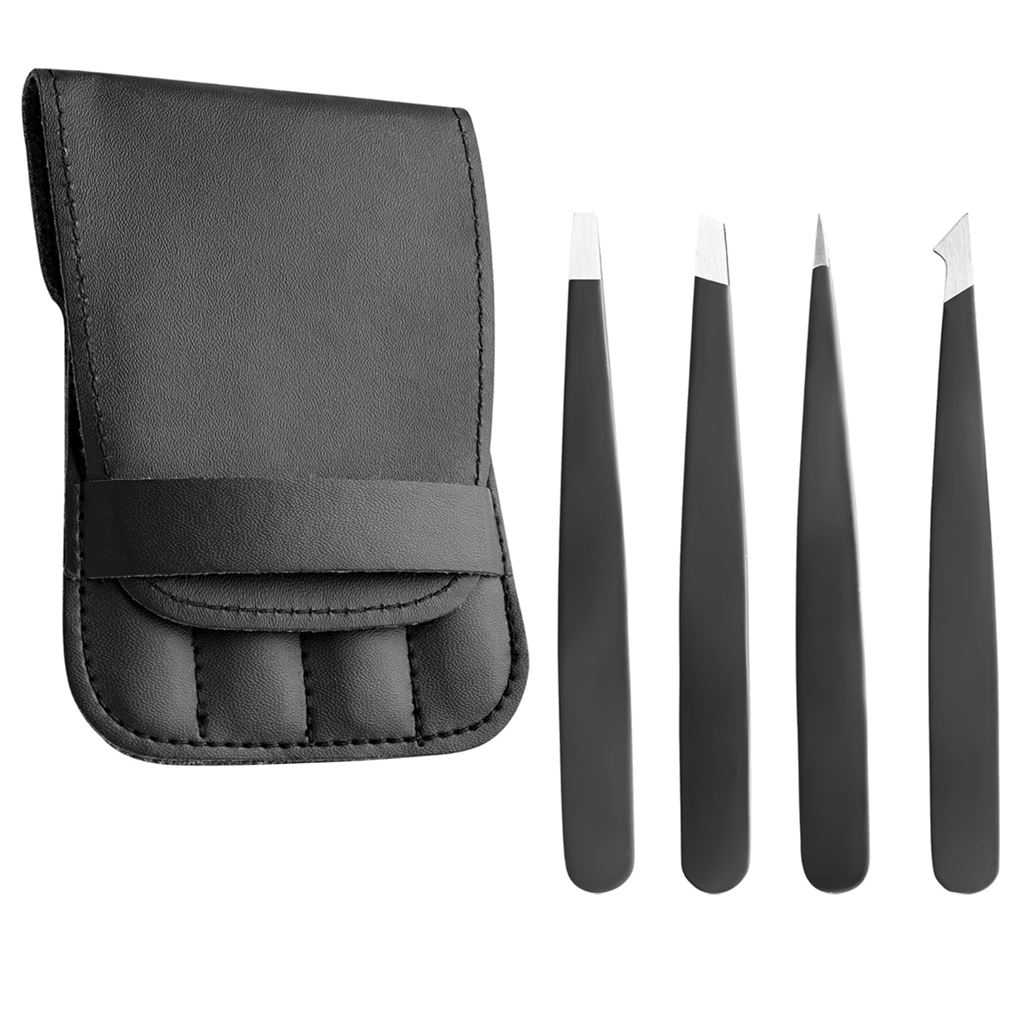 Pure Sharp Eyebrow Tweezers 4-Piece Set with Leather Case - Professional Stainless Steel Tweezers for Ingrown Hair, Facial Hair Removal - Precision Flat, Angled, Pointed, Slant Tips - Best for Travel