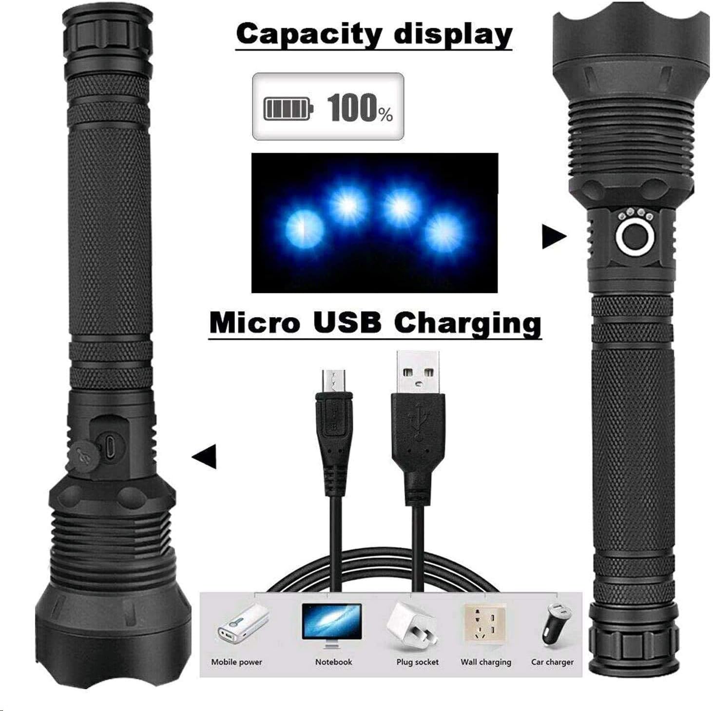 Rechargeable Tactical Flashlight, 90000 Lumens Water Resistant Camping Flashlight, Super Bright Portable Outdoor Torch Light Zoomable Flashlight with Power Display BLACK - - 