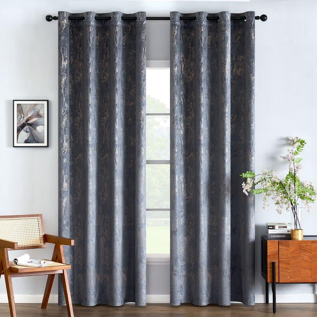 EMEMA Velvet Curtains, Opaque Curtains with Eyelets, Decorative Eyelet Curtain, Decorative Curtain for Bedroom, Living Room, Set of 2, 140 x 175 cm (W x H), Grey