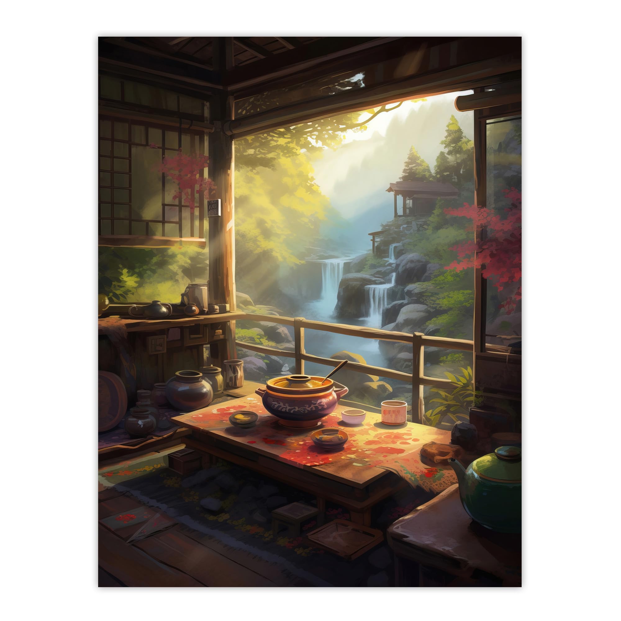 Artery8 View From Tea House Patio Painting Traditional Ceremony Japanese Hospitality Serene Waterfall Landscape Extra Large XL Wall Art Poster Print