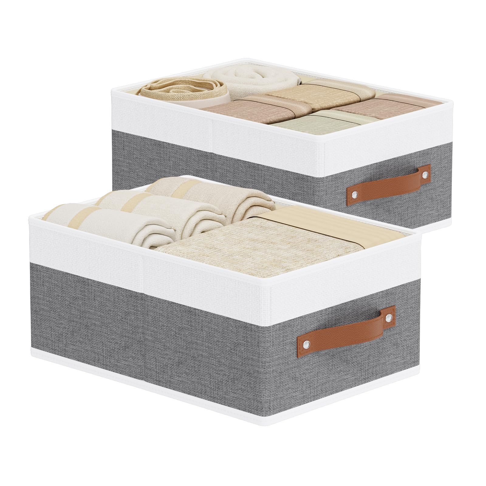 YheenLf Fabric Storage Boxes, 2-Pack Organizer Bins with Double Handles, Foldable Baskets for Shelves, Containers Clothes Cubes for Organizing, White and Grey, 33×23×14cm