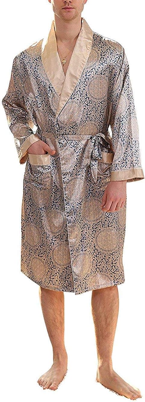 Mens Satin Robe Lightweight Silk Spa Bathrobe with Shorts Nightgown Long Sleeve House Kimono Printed Bathrobe Set