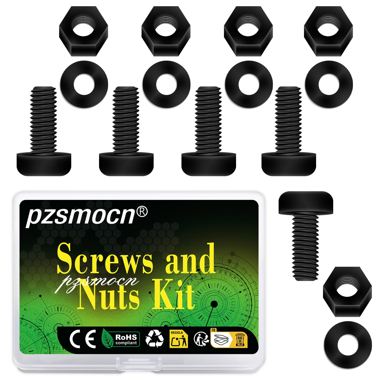 Pzsmocn 300 Pieces/100 Sets M3*10 mm Plastic Black Nylon Cross Round Head Screw Hexagonal Nut Combination Kit, with Insulating Washers, Standard Size, For DIY and Electronic Assembly.