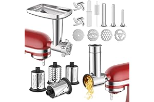 Meat Grinder & Stainless Steel Slicer Shredder Attachment for KitchenAid Stand Mixer, Includes Metal Food Grinder Attachment with Sausage Stuffer Tubes and Salad Machine Accessory by InnoMoon