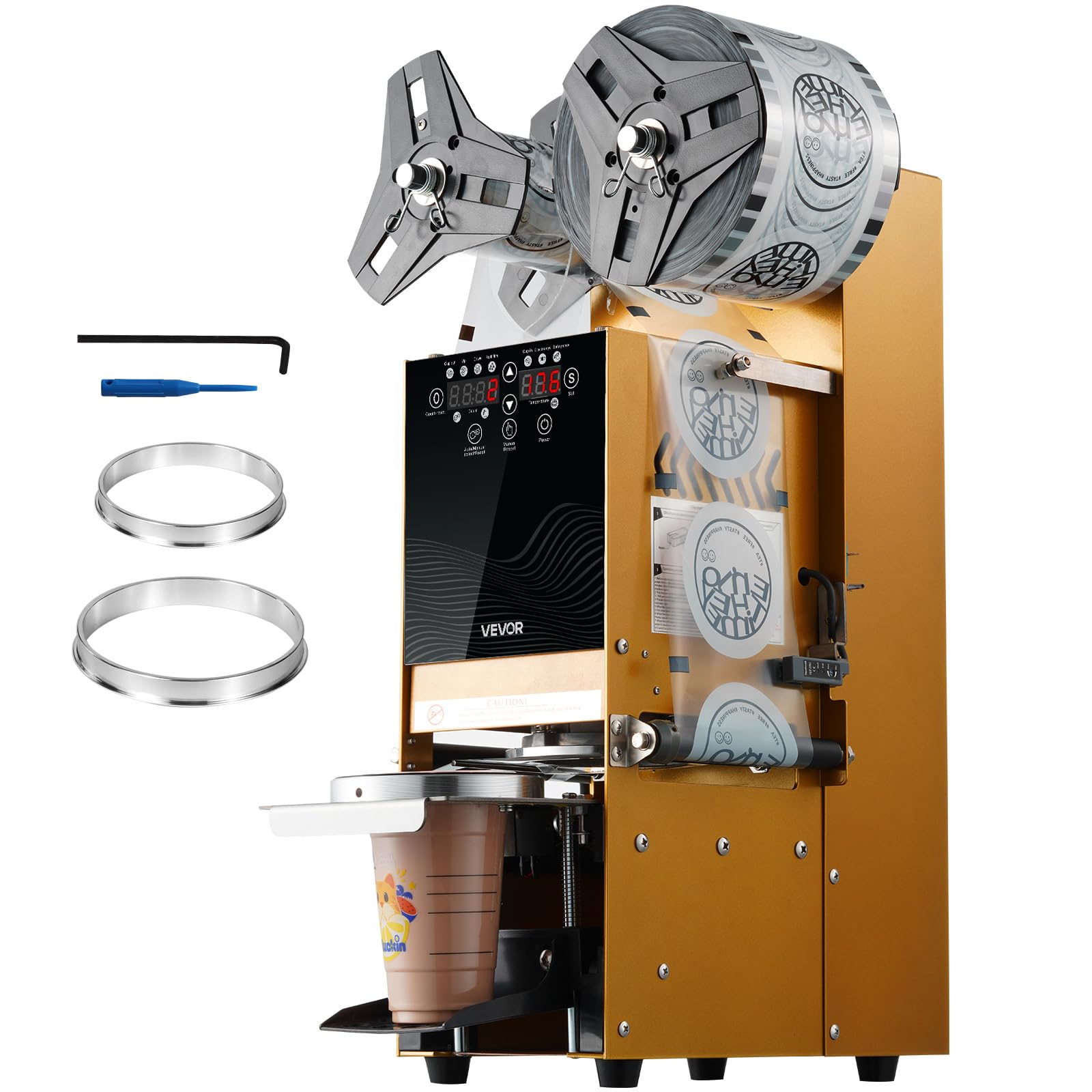 Photo 1 of *UNTESTED*
VEVOR Fully Automatic Cup Sealing Machine, 500-650 Cups/H, Cup Sealer Machine for 180 mm Tall & 90/95 mm Cup, Electric Boba Tea Sealer with Digital Control LCD Panel for Bubble Milk Tea Coffee, Gold