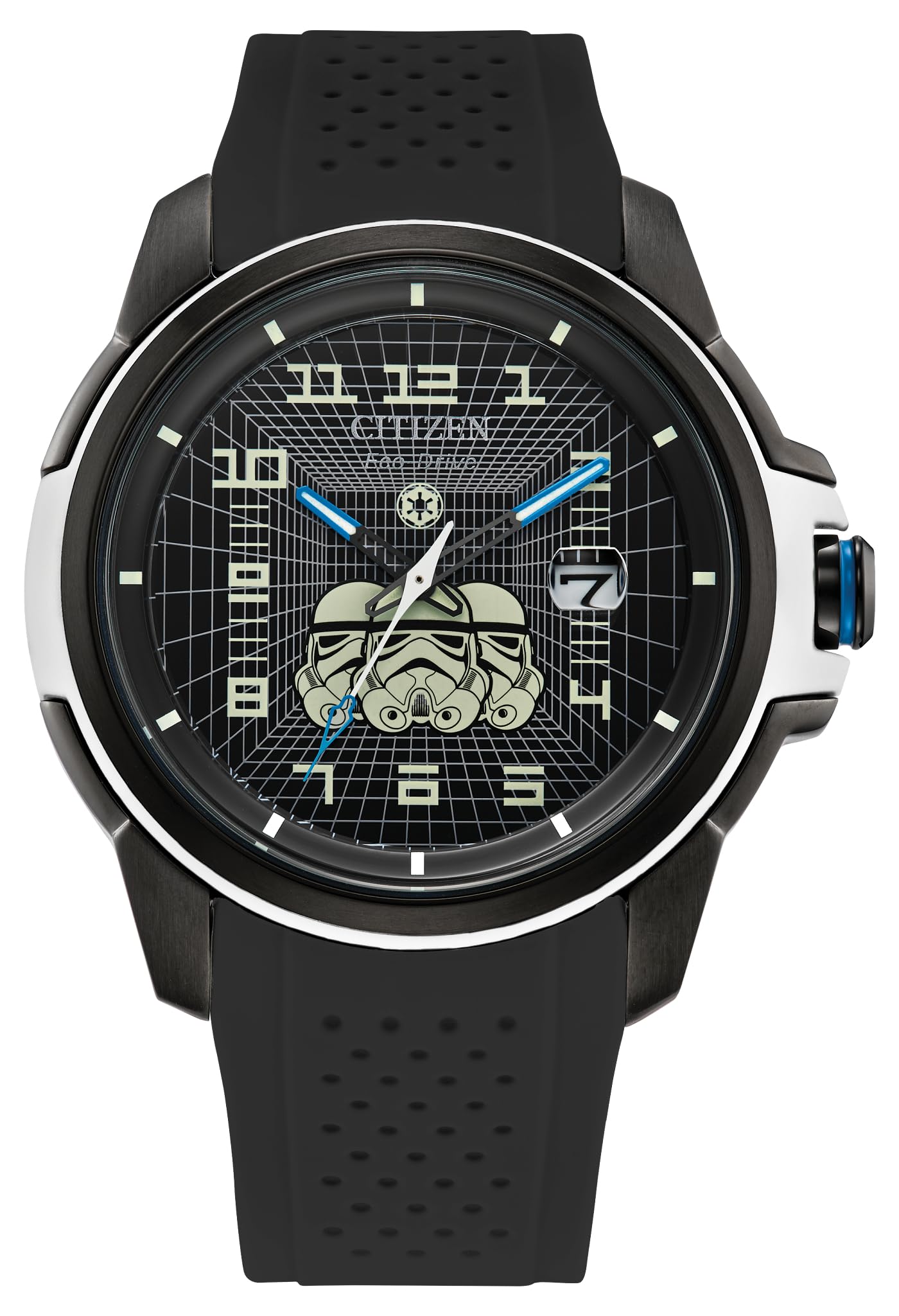 Citizen Men's Eco-Drive Star Wars Imperial Storm Trooper Black Ion Plated Stainless Steel Case Watch, Perforated Black Silicone Strap, Black Dial, 3 Hand (Model: AW1659-00W)