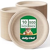 JOLLY CHEF Compostable Heavy Duty Plates 𝟭𝟬 𝗜𝗻𝗰𝗵 [𝟱𝟬𝟬 𝗣𝗮𝗰𝗸] Eco-Friendly Disposable Paper Plates Natural Bagasse Biodegradable Sugarcane Bulk for Party Hot Cold Dinner Christmas (Brown)