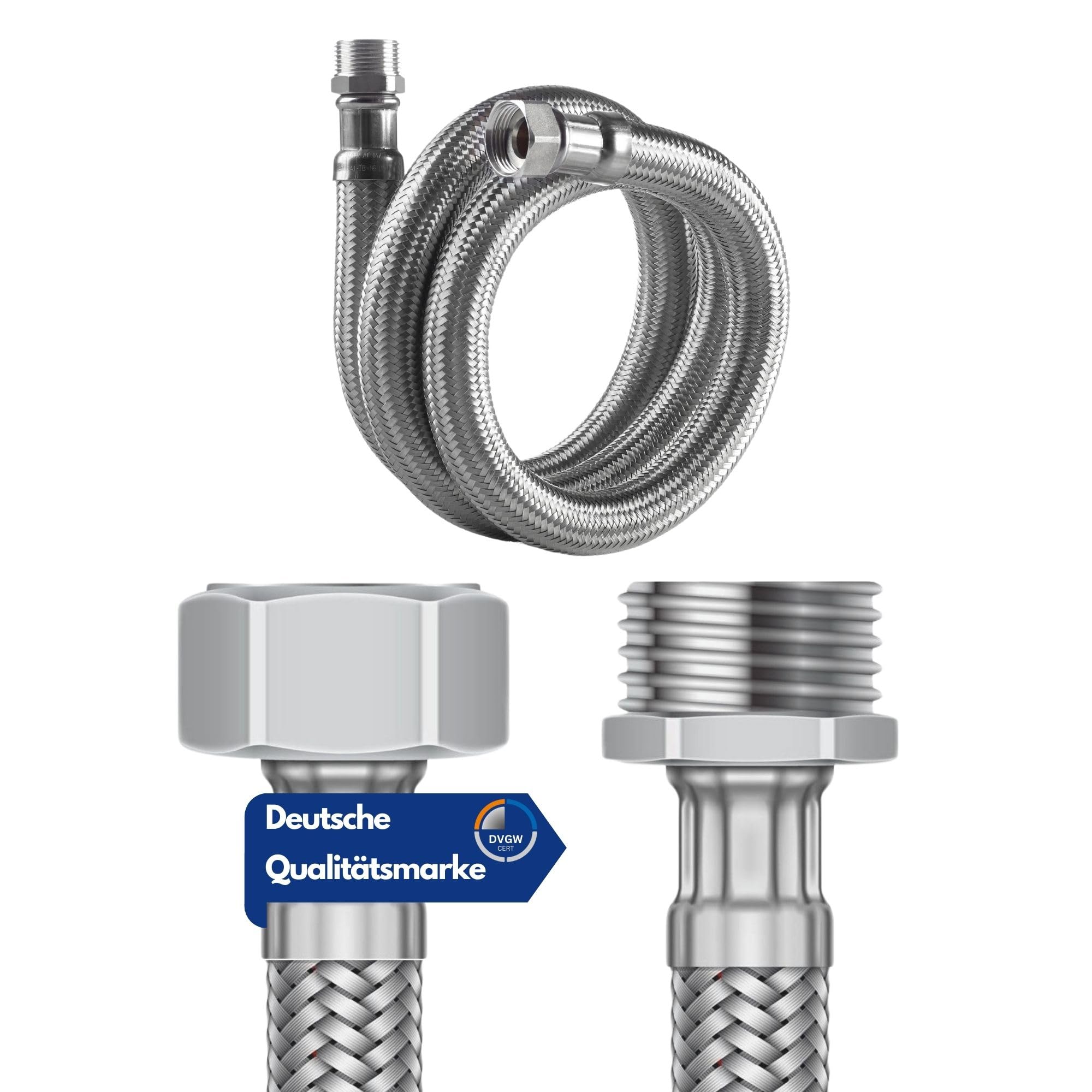 DVGW Tested Flex Hose 3/8 and 1/2 Inch Including Seals | Connection Hose Fitting | Tap Hose Extension | Reinforced Hose | (1/2 Inch Union Nut x 1/2 Inch Male Thread, 30 cm)