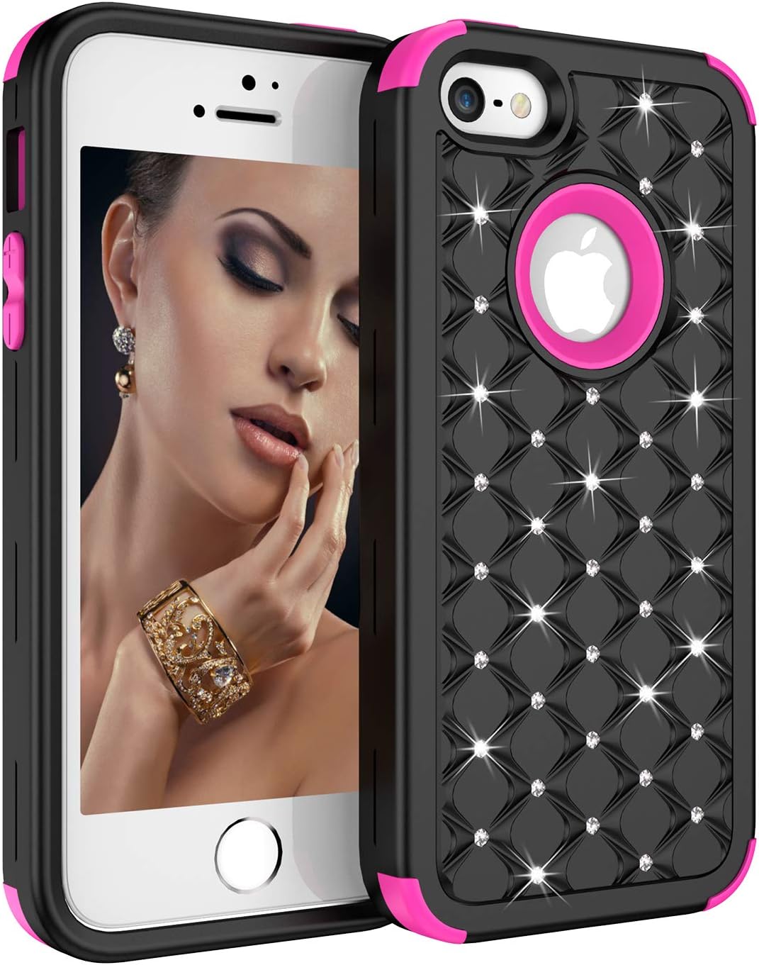 iPhone SE/5S/5 Case, UZER 3in1 Shockproof Drop-Protection Luxury Glitter Sparkle 3D Bling Hard PC Soft Silicone Combo Hybrid Impact Defender Full-Body Protective Case Cover for iPhone SE/5S/5
