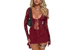 CSDAJIO 2 Piece Outfits for Women Floral Lace Open Front Tie Up Long Sleeve Crop Top Blouse Shirt and Mini Skirt Set