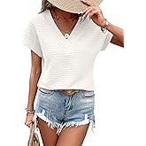 EVALESS Womens Cap Short Sleeve Textured Tops Summer Dressy Casual V Neck Solid Loose Basic T Shirts Tee Blouses