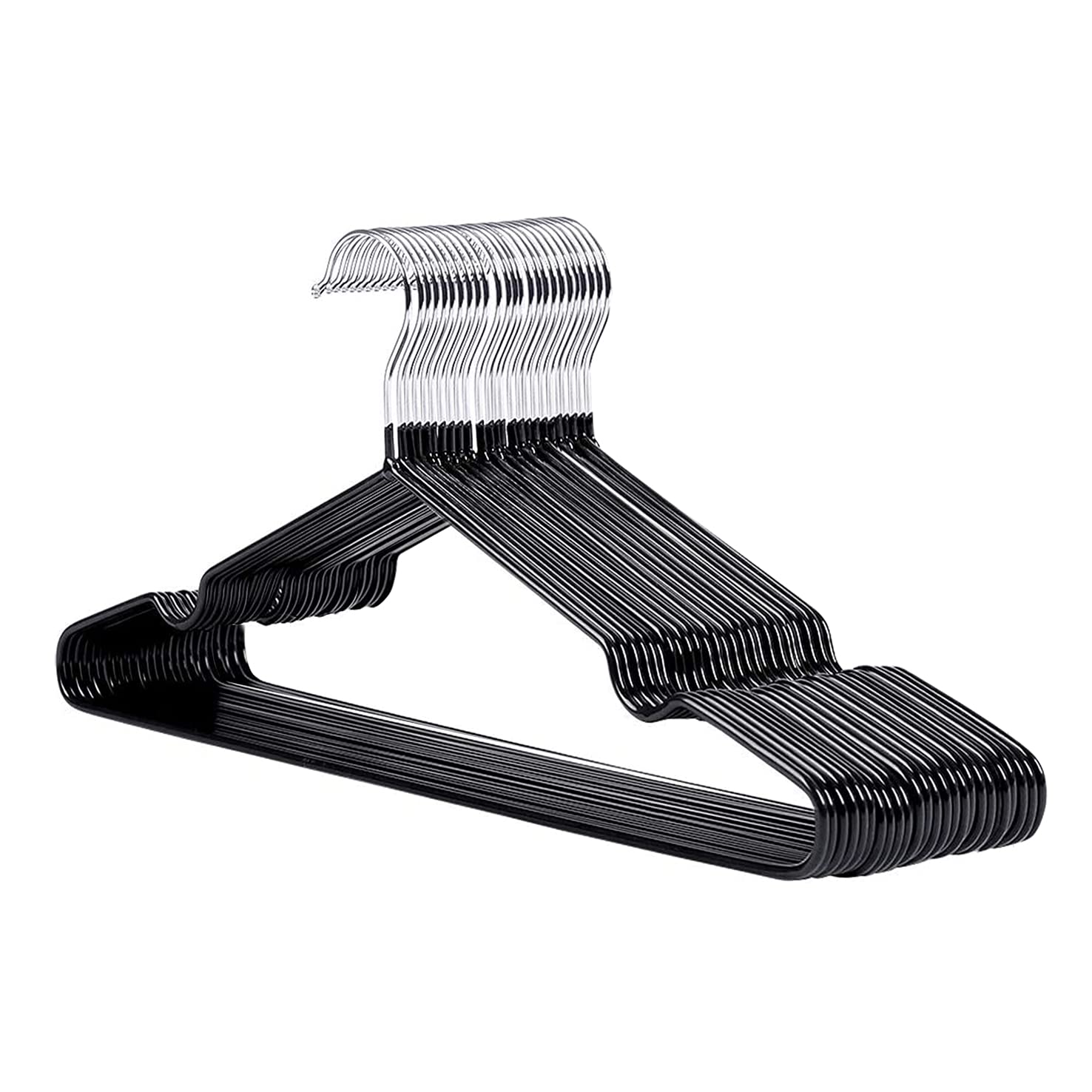 25x Premium Rubber Coated Metal Hangers - Heavy Duty - Space Saving Organiser Clothes Hangers for Wardrobes Coat Rack Rails Thin and Non-Slip Chrome (BLACK)