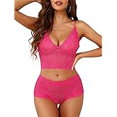 Lilosy Sexy Sheer Floral Lace Pajamas Lingerie Set High Waist Sleepwear Bra and Panty 2 Piece Nightwear