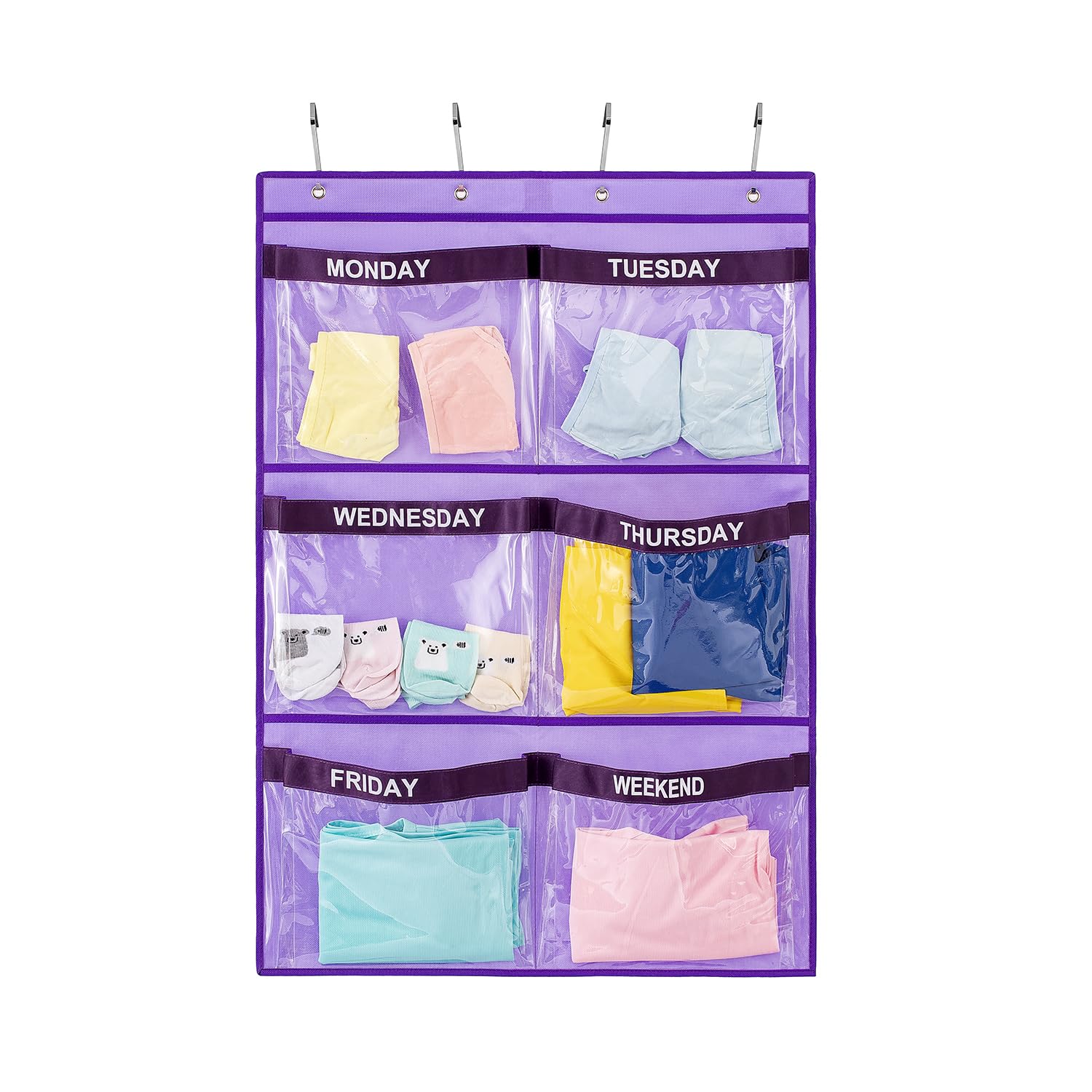 Photo 1 of TEMUORG Weekly Clothes Organizer Day of Week School Clothing Storage Hanging Closet Organization for Kids Monday to Weekend (PURPLE)
