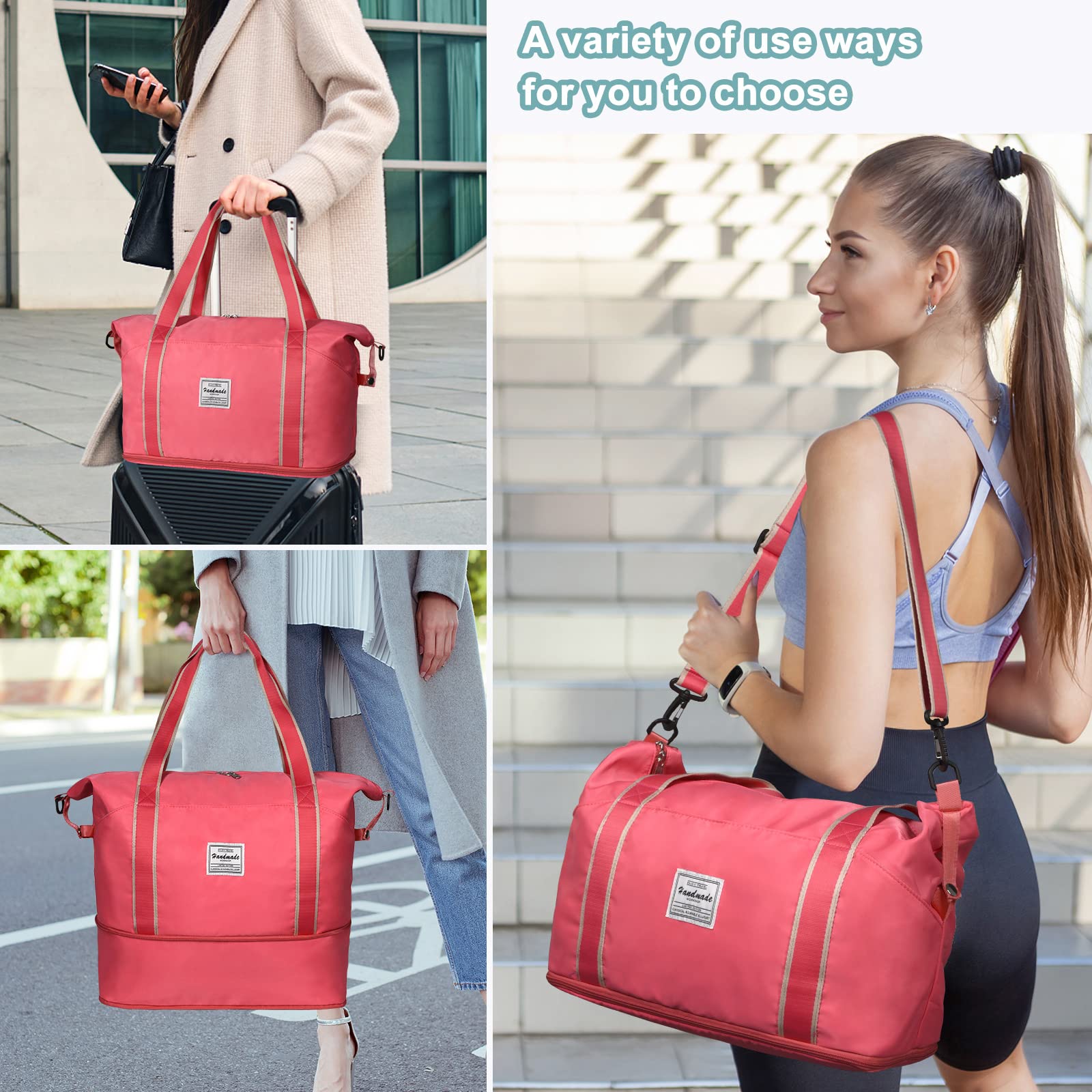 DMLuna Travel Duffel Bag, Tote Sports Gym Bag, Shoulder Overnight Weekender Bag for Women & Men, Hospital bag, Expandable Duffel Bag with Trolley Sleeve/Wet Pocket