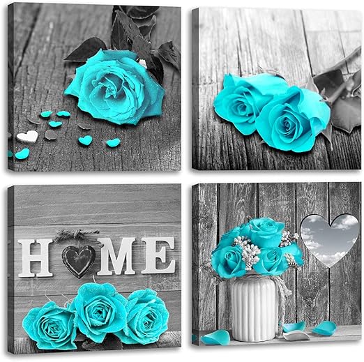 Amazon Com Wall Decor For Living Room Teal Blue Rose Flower Bathroom Decor Bedroom Wall Decor Black And White Canvas Art Home Love Couple Women Gifts Warm Theme Modern Frame Pictures Turquoise Rustic