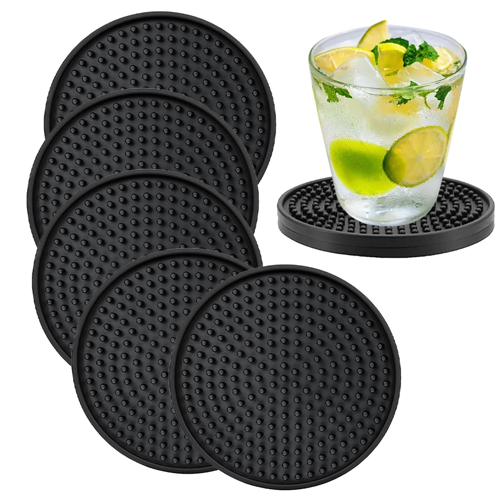 6 PCS Black Thick (0.2inch) Round Silicone Coasters for Mugs, Coffee, Beer - Non-Slip, Durable & Easy Clean