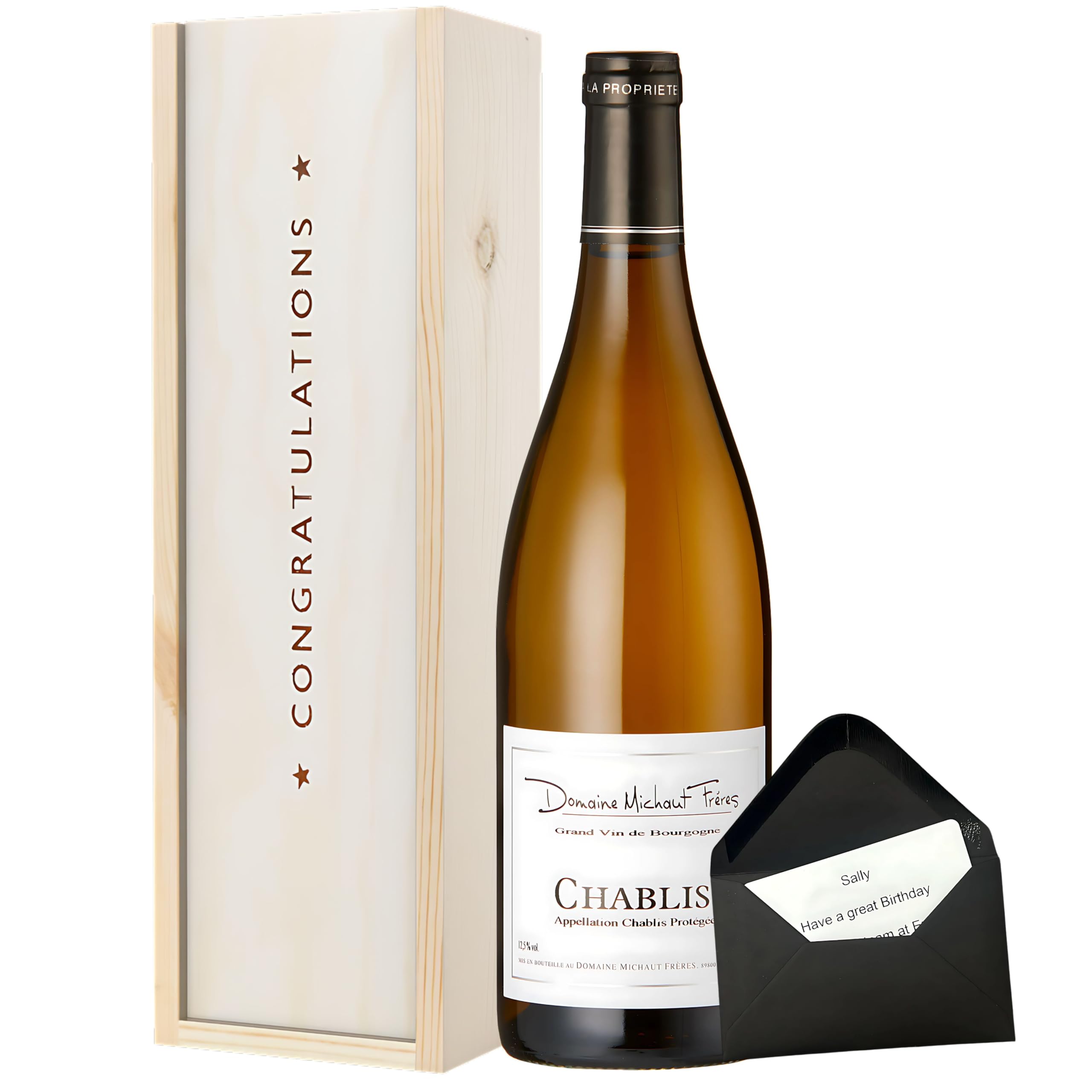 Chablis White Wine Congratulations Gift Set – Domaine Michaut Frères 75cl in Wooden Box with ‘Congratulations’ Lid – Elegant Gift for Graduation, Promotion or Special Achievement