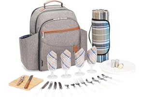 HAPPYPICNIC Picnic Backpack Sets for 4 Persons, Picnic Cooler Bag with Insulated Compartment, Cutlery Set, Bottle Holders and Waterproof Picnic Blanket, Perfect for Hiking, Beach, Camping (Brushed Khaki)