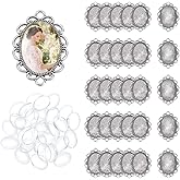 UNICRAFTALE Oval Blank Bezel Pendant Trays Base Bridal Wedding Bouquet Graduation Photo Charm Vintage Tibetan Style Pendant with Glass Cabochons for DIY Jewelry Making 25x18mm