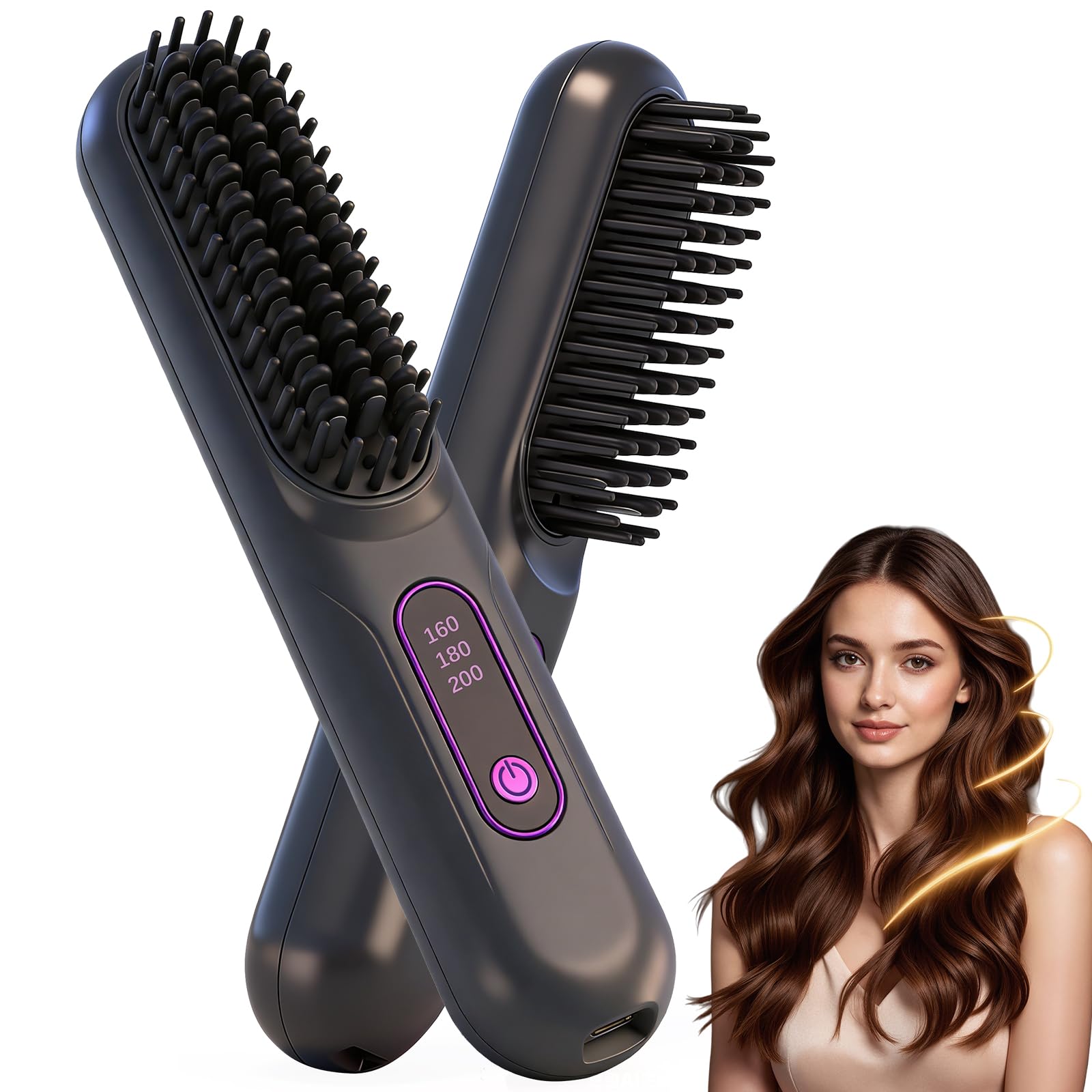 View 1 of 2026 Go Brush Negative Ionic Cordless Hair Straightener Brush for Women - 3 Temp Settings, Fast Heating, Frizz-Free Coating, Portable Styling | Valentine‘s Day Gifts for Her