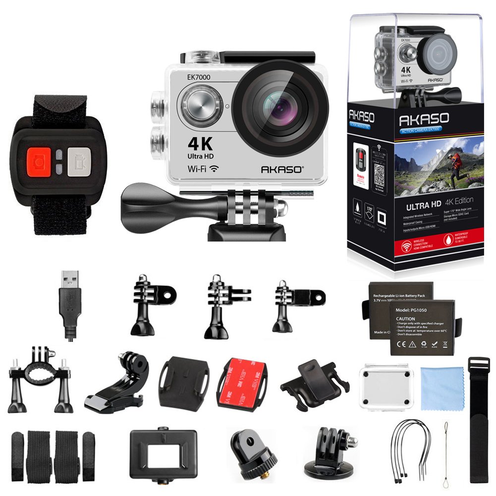 AKASO EK7000 4K Sport Action Camera Ultra HD Camcorder 12MP WiFi Waterproof Camera 170 Degree Wide View Angle 2 Inch LCD Screen W/2 Rechargeable Batteries/19 Accessories Kits- Silver