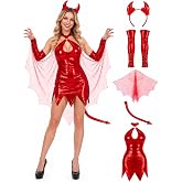PARTY TELLER 5 PCS Womens Red Devil Costume Dress Mesh Wings Headband Set | Sexy red devil costume with mesh wings and horn headband for women classic halloween nightclub cosplay party outfits
