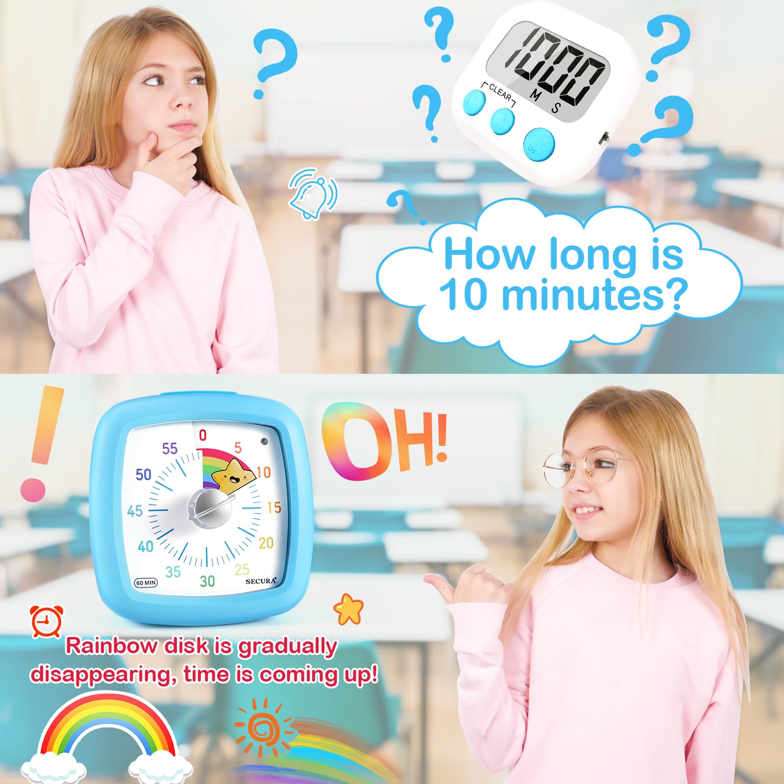 Secura 60-Minute Visual Timer, Silent Study Timer for Kids and Adults, Time Clocks, Time Management Countdown Timer for Teaching (Blue & Star)