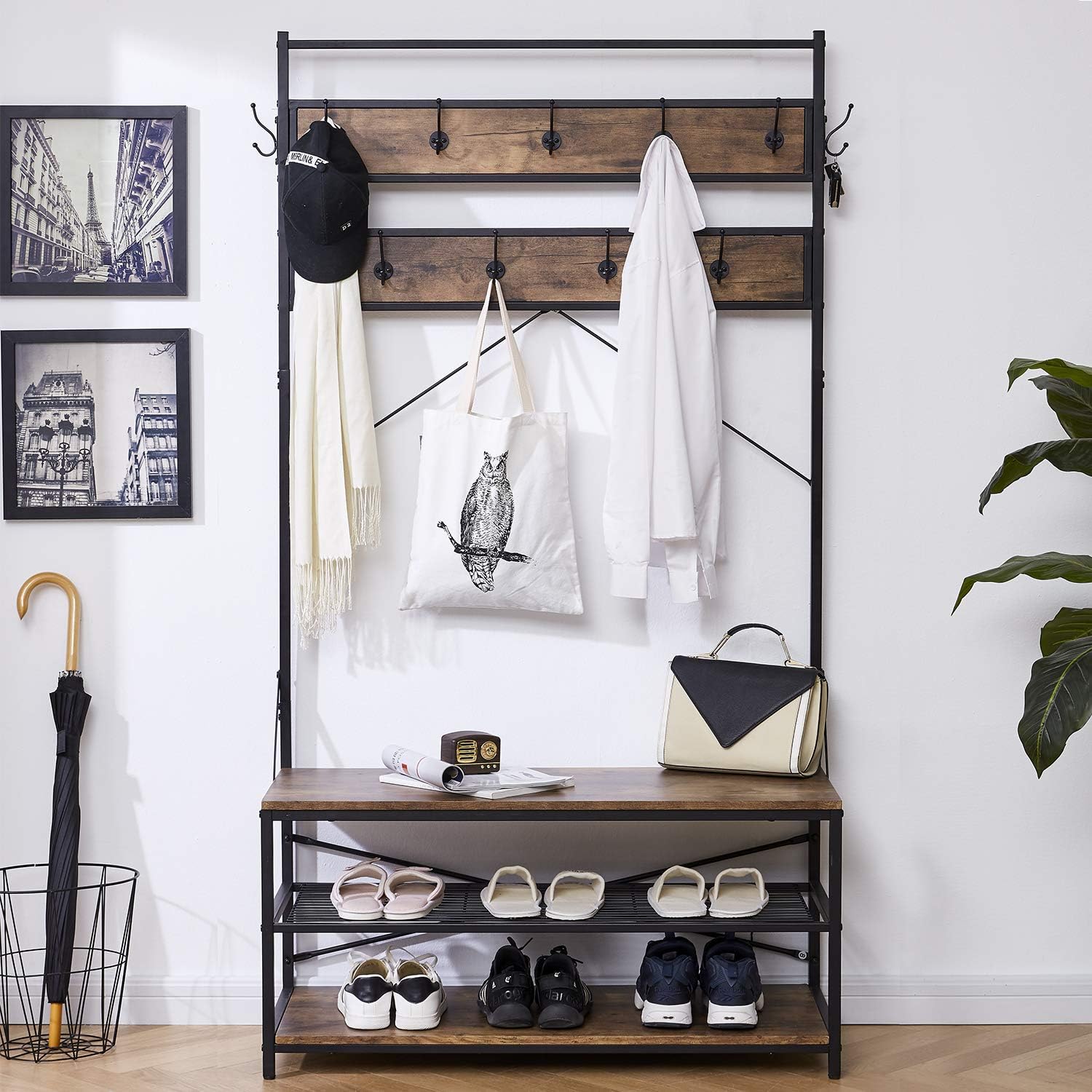 3-in-1 Entryway Coat Rack,Vintage Industrial Hall Tree 72 Inch with Storage Bench and Coat Racks Entryway Storage Shelf Organizer with 9 Hooks， Large Size, Wood Look Accent Furniture with Metal Frame: Home & Kitchen