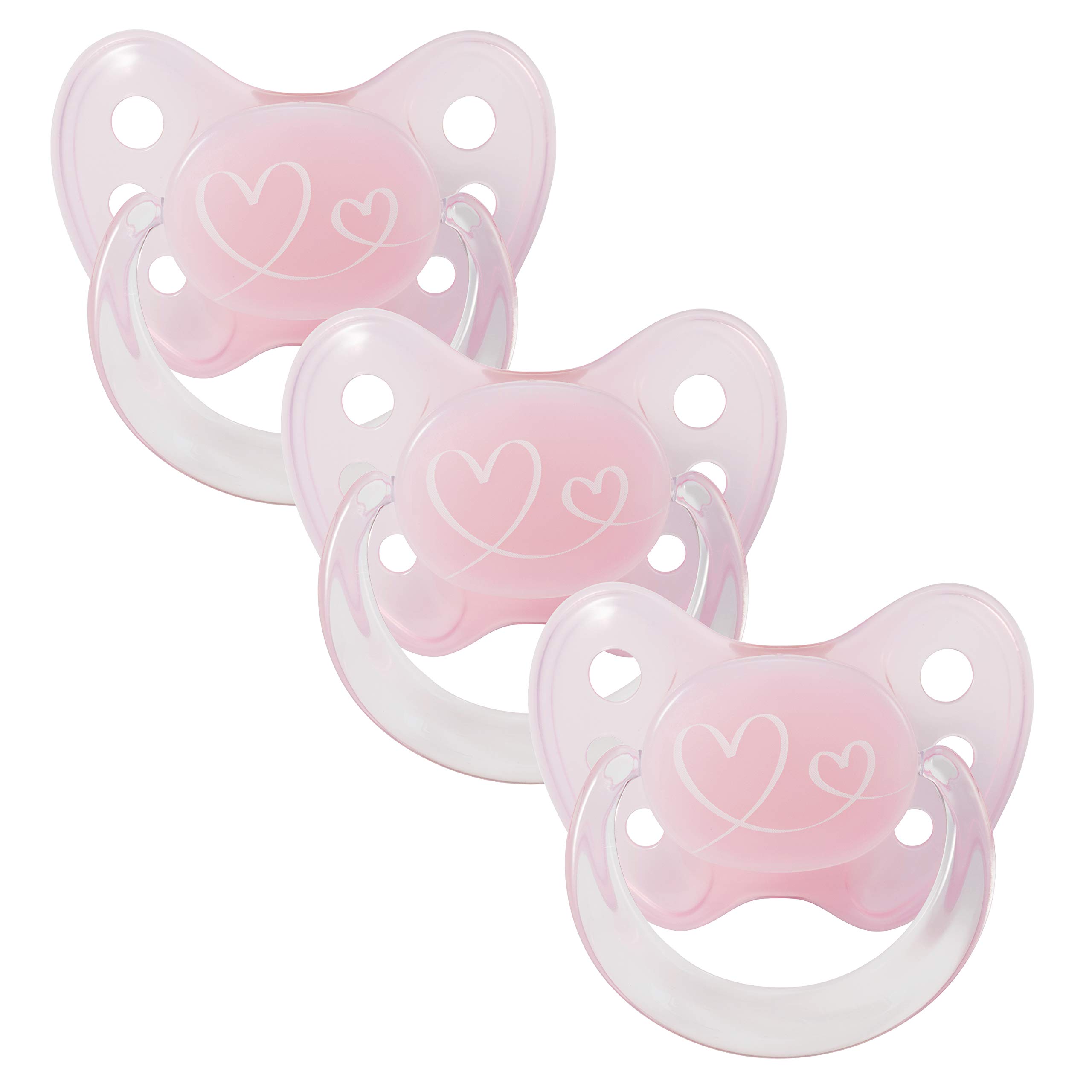 dentistar Silicone Soother Set of 3 - Size 1, 0-6 Months - Tooth and Jaw Friendly Silicone Soother for Newborns with Dental Step - BPA Free - Made in Germany - Heart, Pink