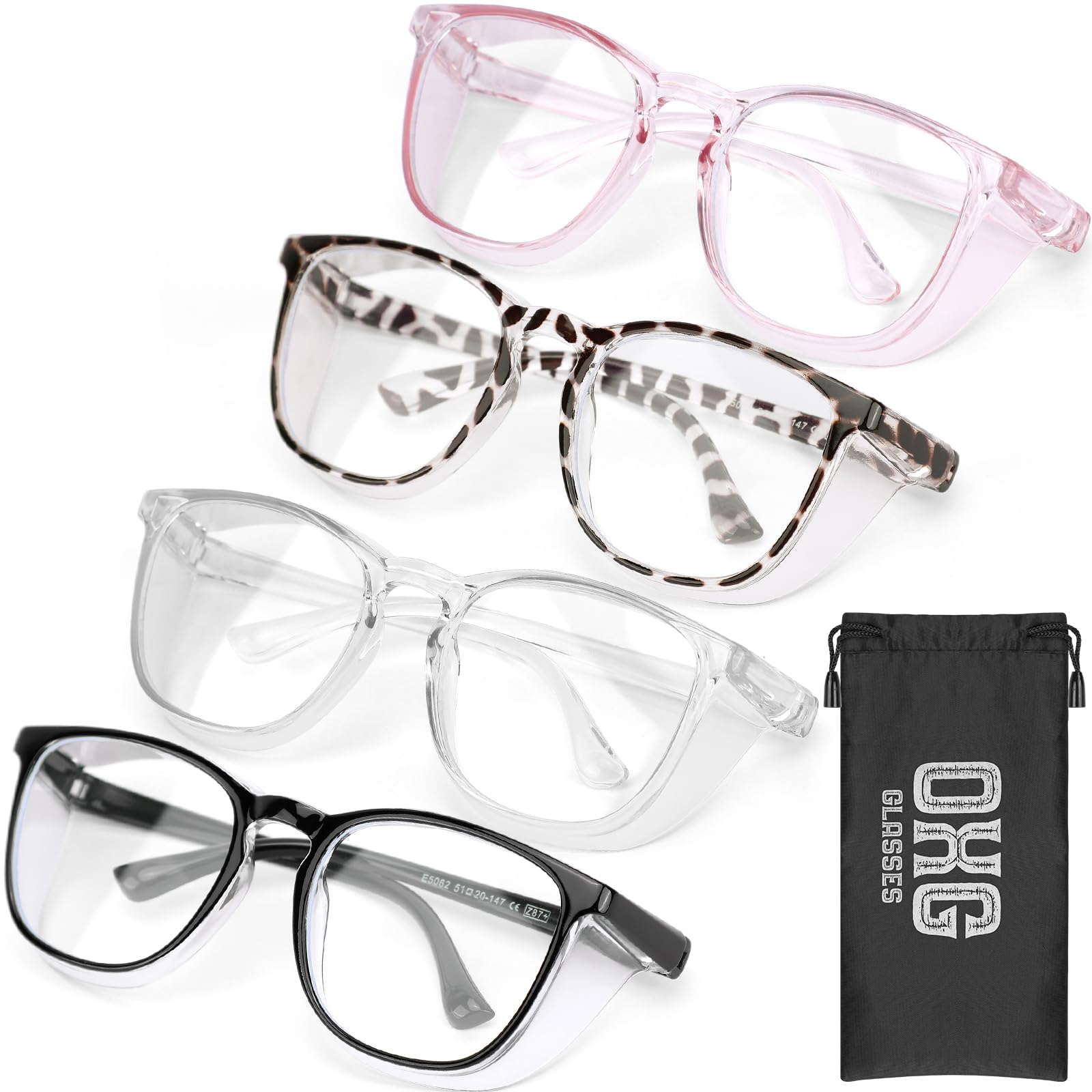 Photo 1 of OXG 4 Pack Anti-Fog Safety Glasses, Z87+ Stylish Safety Goggles - Blue Light Blocking Protective Eyewear for Nurse (Leopard+Pink+Clear+Black)