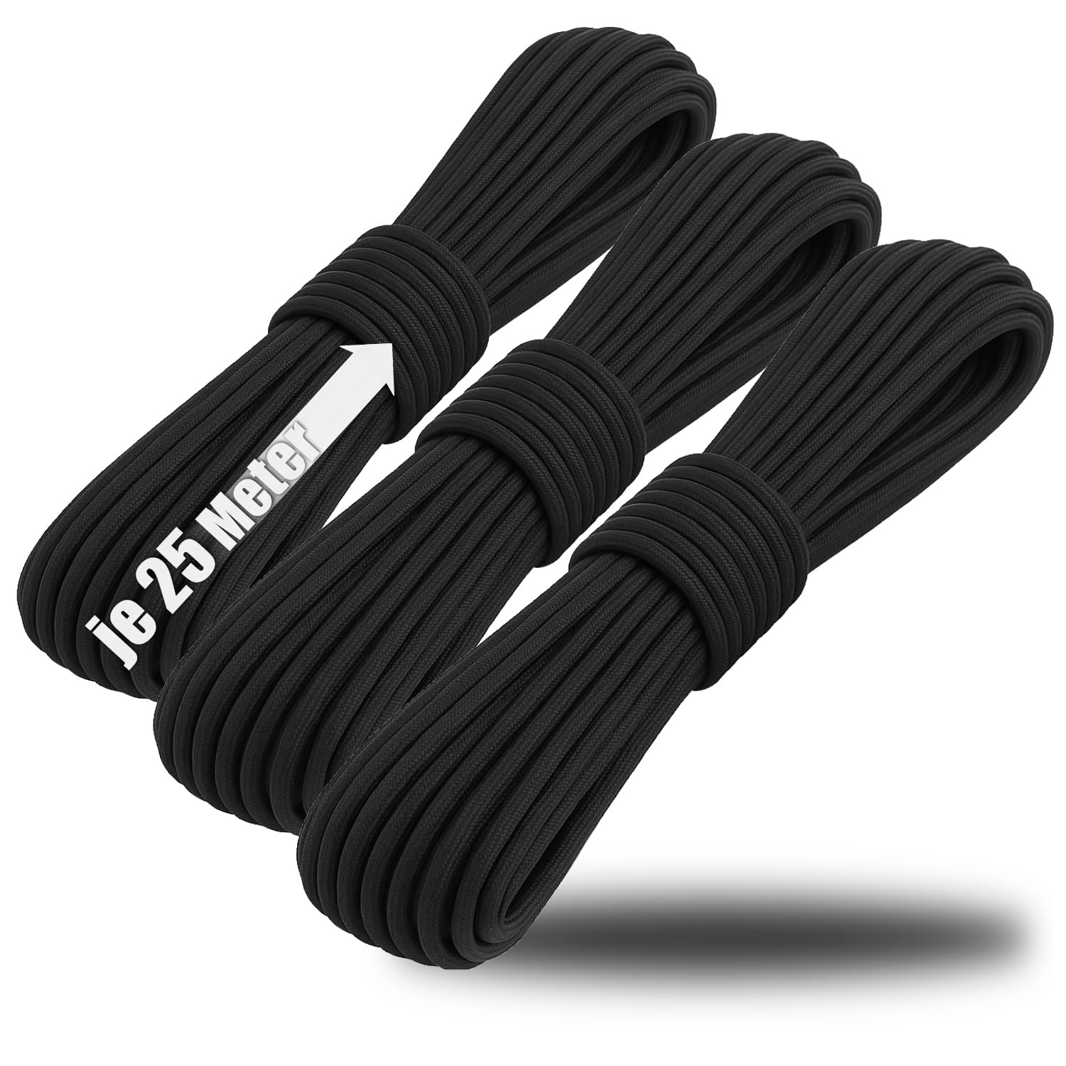 com-four® 3x paracord cord Ø 4 mm, 25 m - rope with 7 core strands for boat, camping, outdoor - nylon rope with 250 kg load capacity (3 pieces - black)
