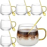 Layhit 6 Sets Striped Glass Coffee Mugs with Spoons 13.5 oz Clear Tea Cups Glasses with Handle Mini Spoon for Milk, Latte, Cappuccino, Espresso, Cold or Hot Drinks
