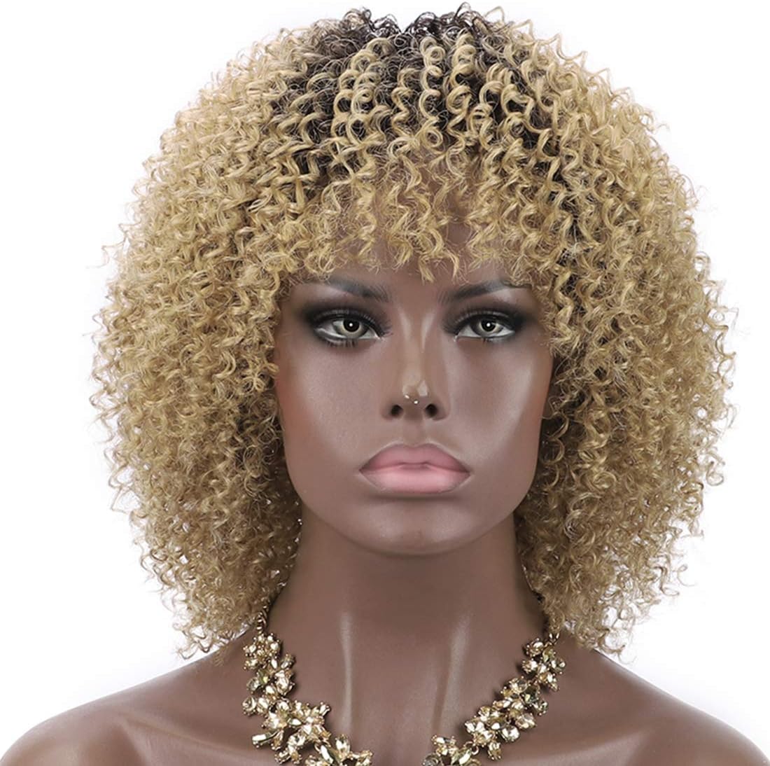 Kalyss 8" Synthetic Short Afro Kinky Curly Wigs for Women Realistic Ombre Black to Blonde Curly Wigs with Hair Bangs Lightweight Soft Bouncy Curls Hair Wigs